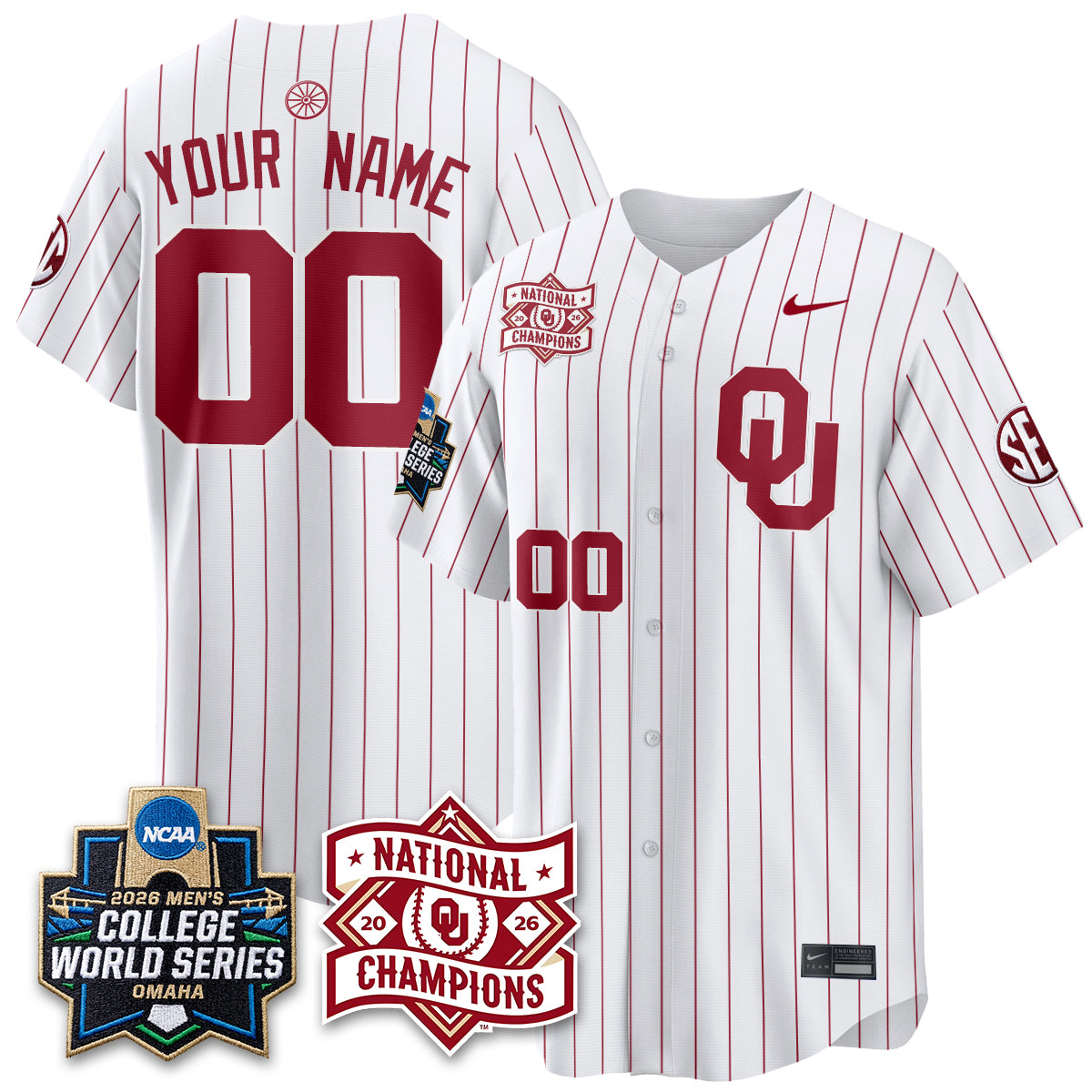 Oklahoma Sooners 2026 NCAA Baseball Men's College World Series Champions Vapor Custom Jersey - Stitched