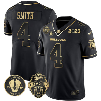 Men's Georgia Bulldogs 2023 Champions & Vince Dooley Patch Gold Jersey - All Stitched