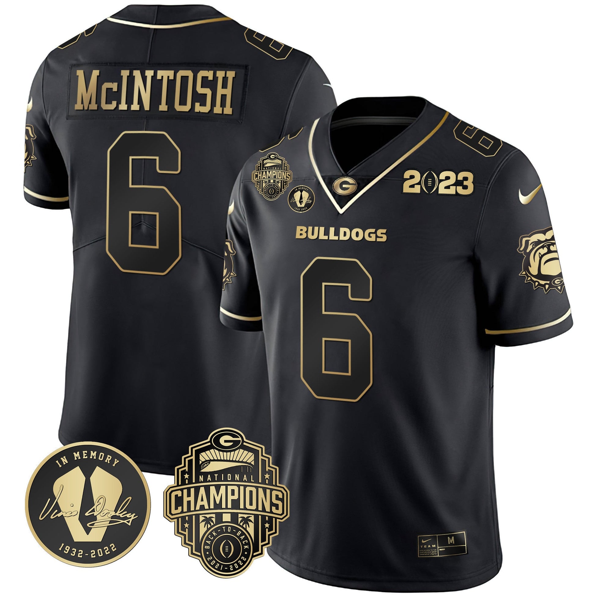 Men's Georgia Bulldogs 2023 Champions & Vince Dooley Patch Gold Jersey - All Stitched