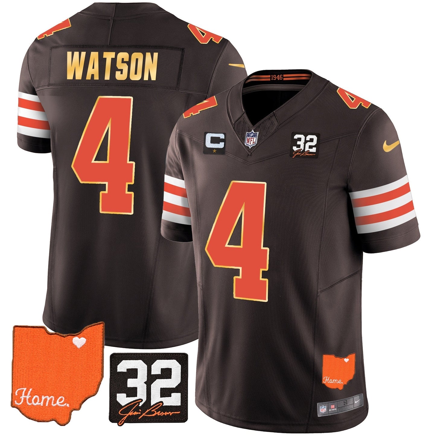 Men's Browns #32 Jim Brown Memorial & Home Patch Gold Trim Jersey - All Stitched