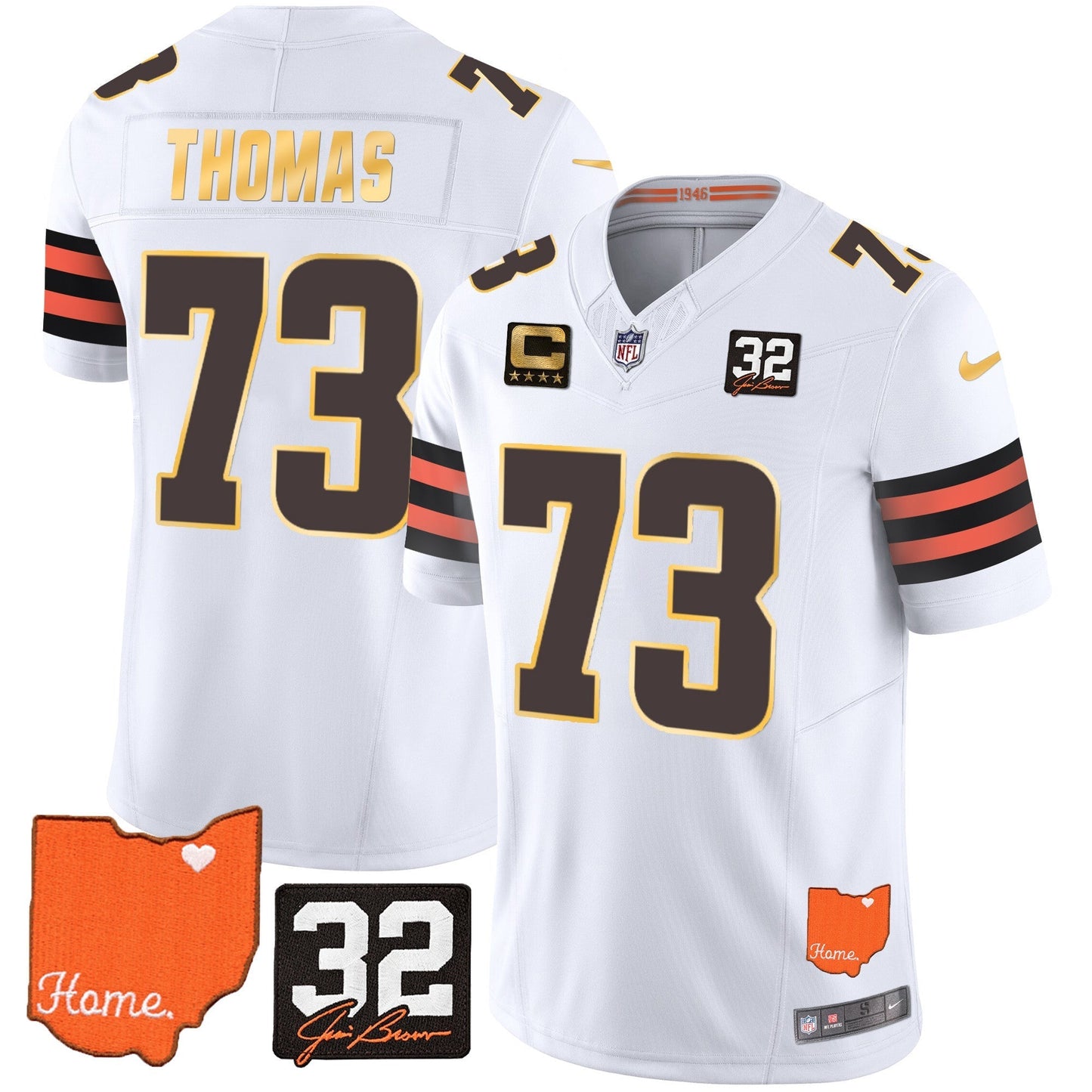 Men's Browns #32 Jim Brown Memorial & Home Patch Gold Trim Jersey - All Stitched