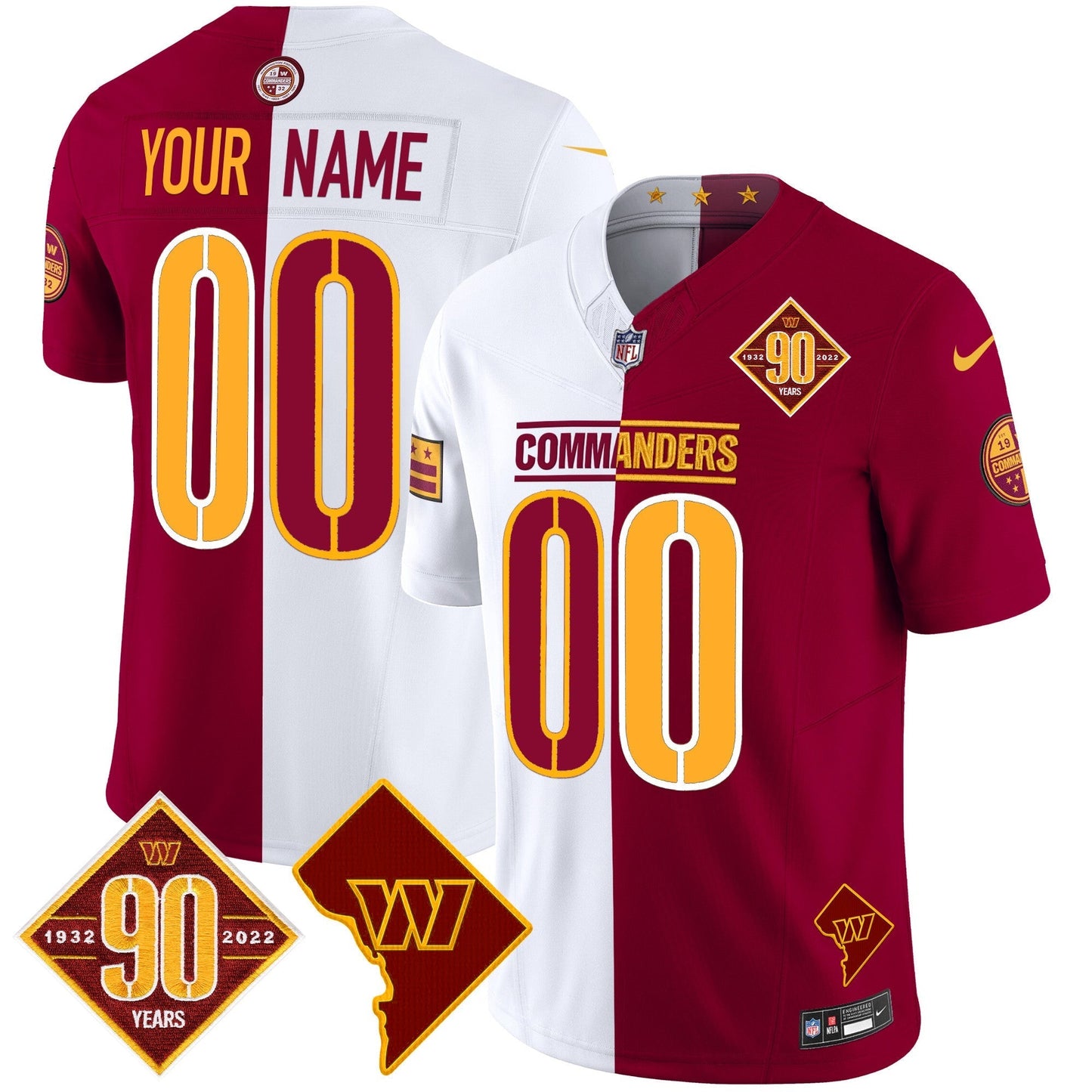 Washington Commanders 90th Anniversary & Home Patch Vapor Limited Custom Jersey - All Stitched