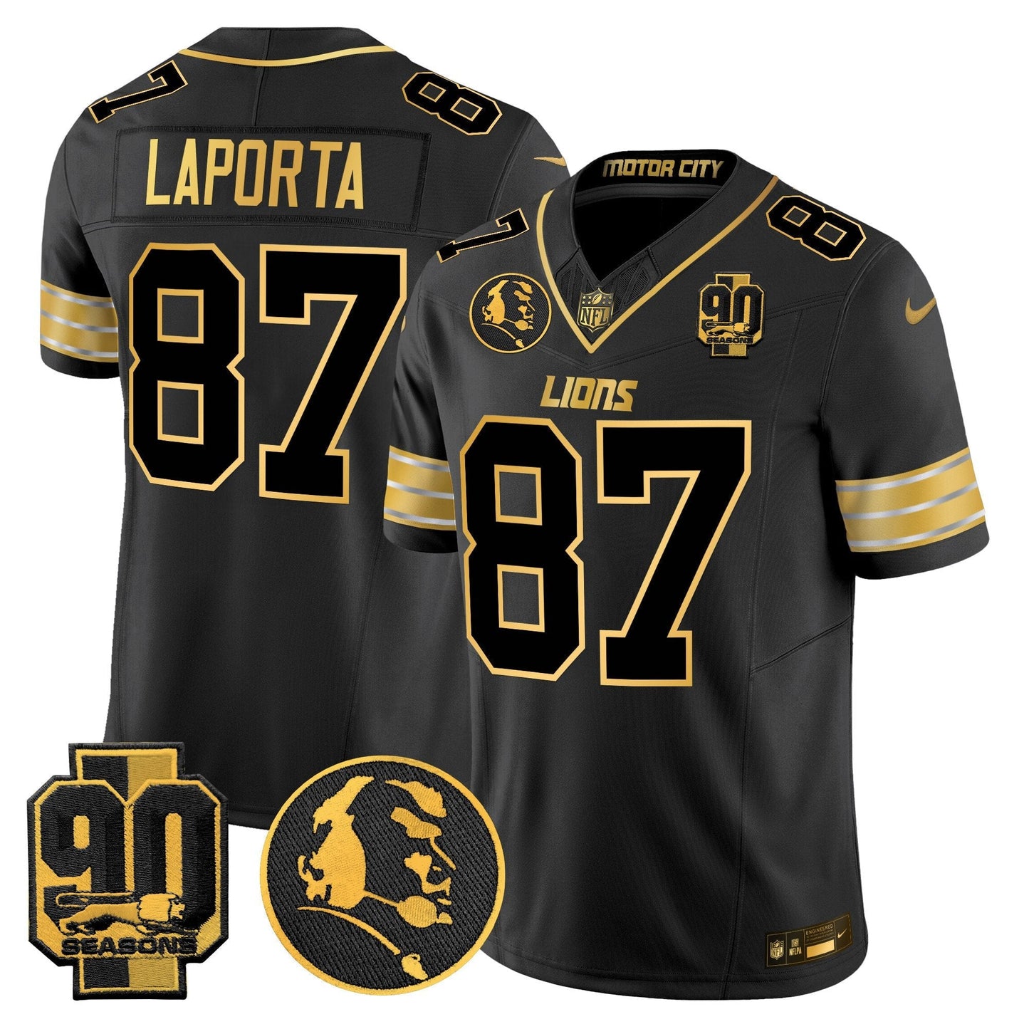Men's Detroit Lions 2024 90th & John Madden Patch Gold Vapor Limited Jersey - All Stitched