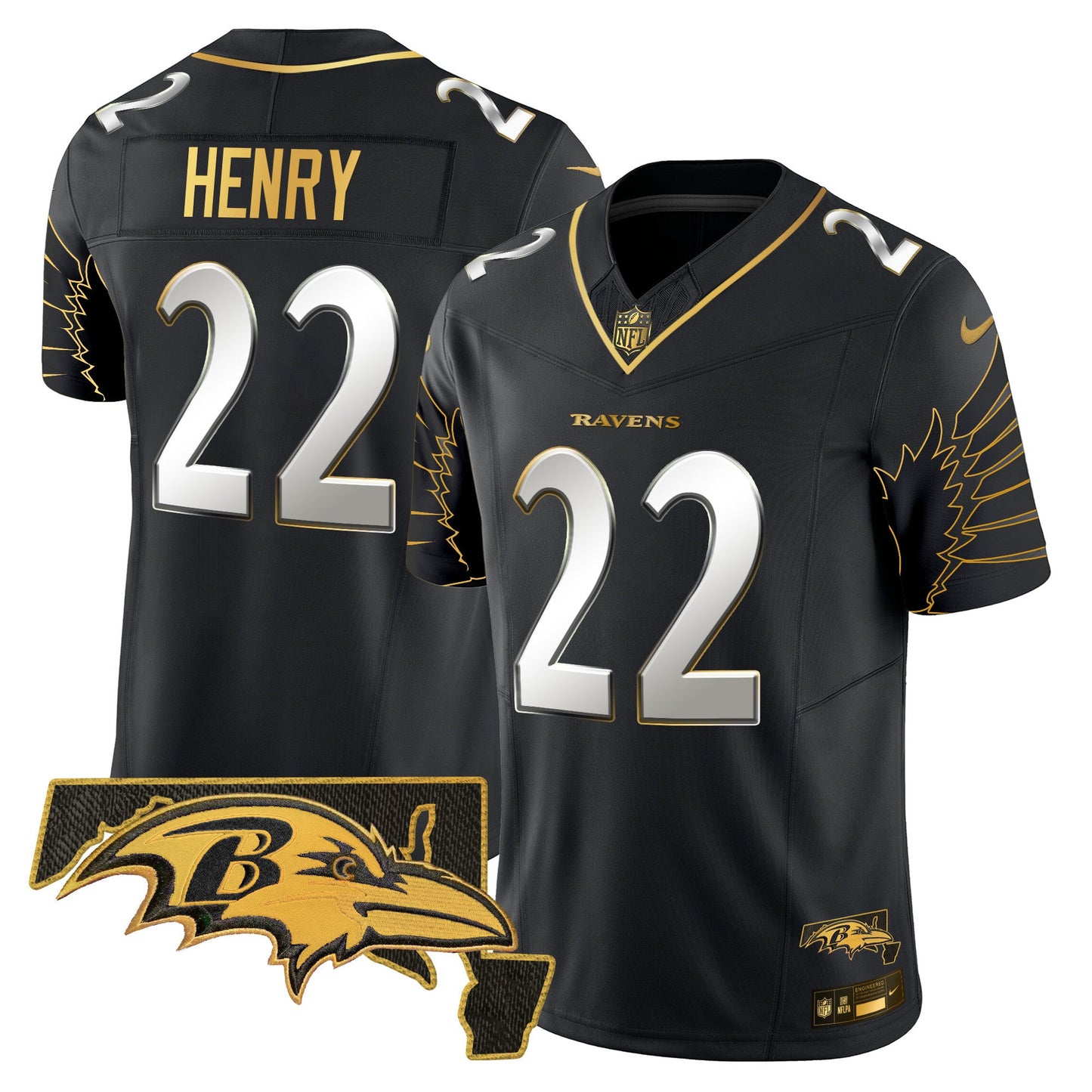 Men's Ravens Maryland Patch Gold Vapor Limited Jersey V2 - All Stitched