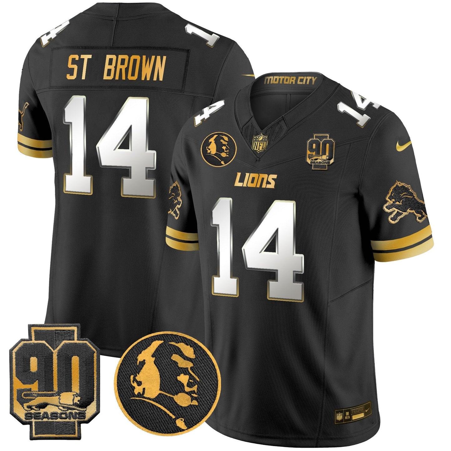 Men's Detroit Lions 2024 90th & John Madden Patch Gold Vapor Limited Jersey V2 - All Stitched