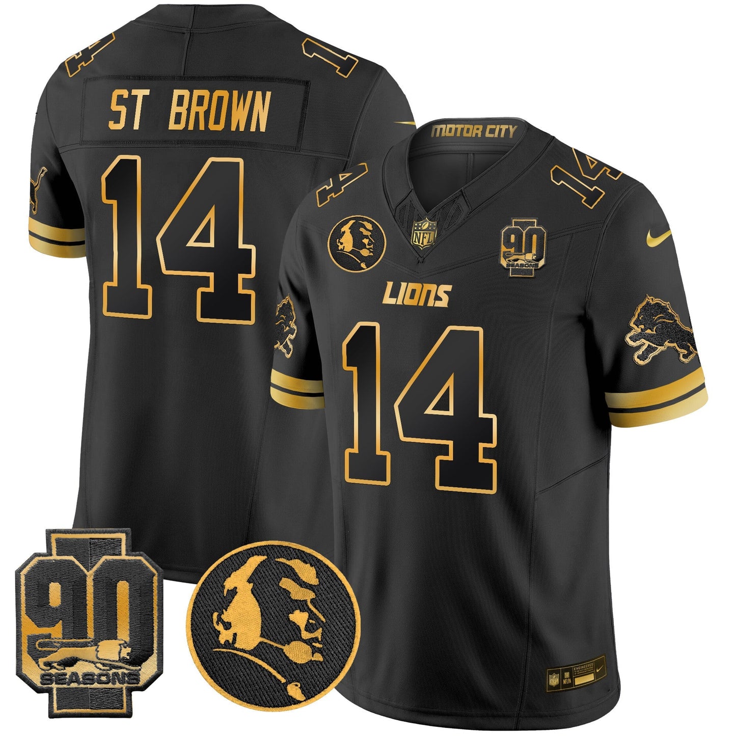 Men's Detroit Lions 2024 90th & John Madden Patch Gold Vapor Limited Jersey V2 - All Stitched