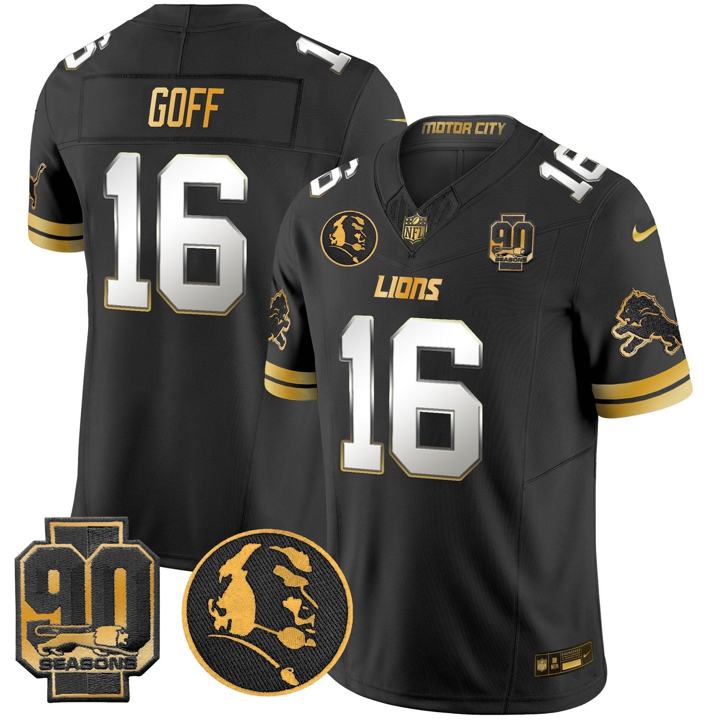 Men's Detroit Lions 2024 90th & John Madden Patch Gold Vapor Limited Jersey V2 - All Stitched