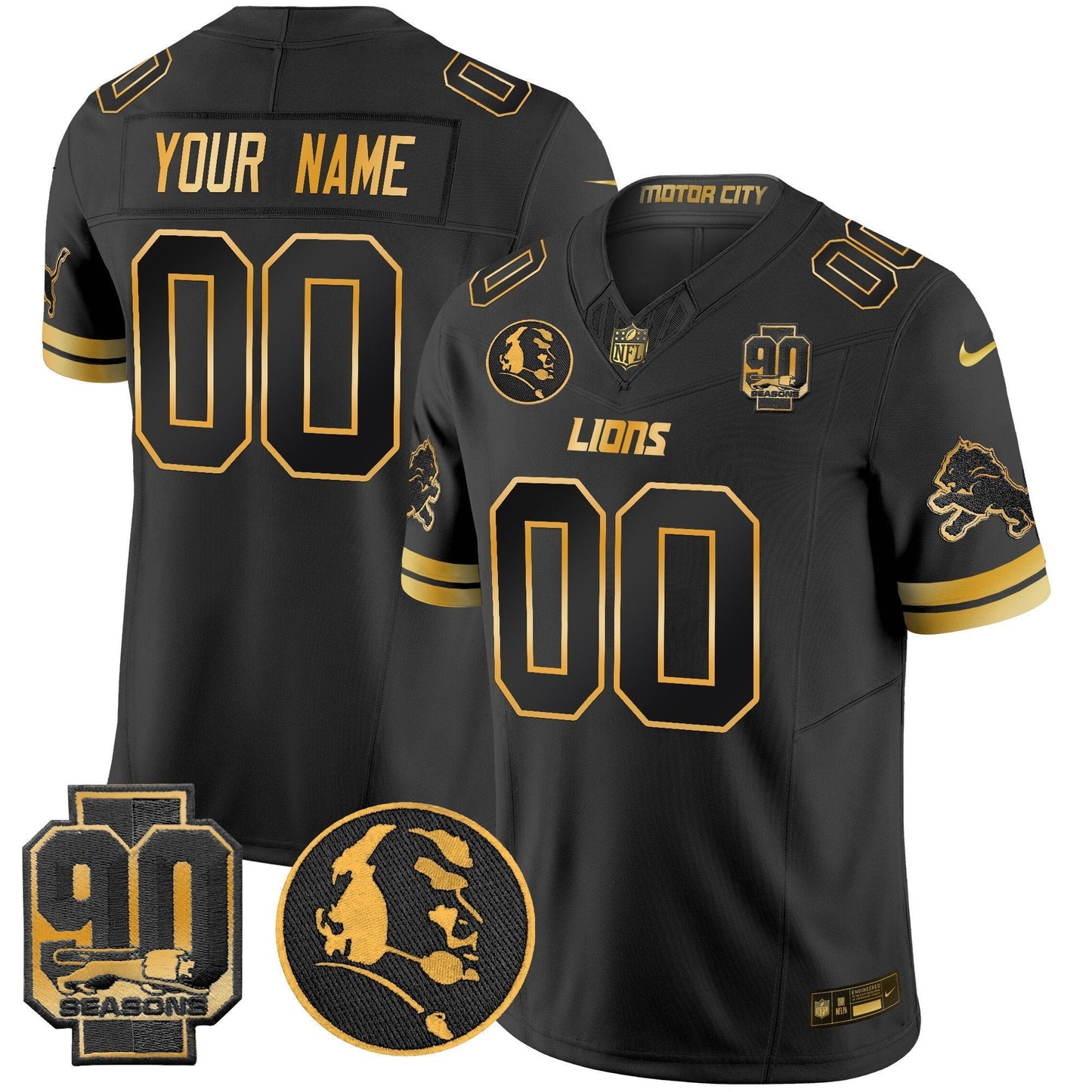 Detroit Lions 2024 90th & John Madden Patch Gold Vapor Limited Custom Jersey V2 - All Stitched