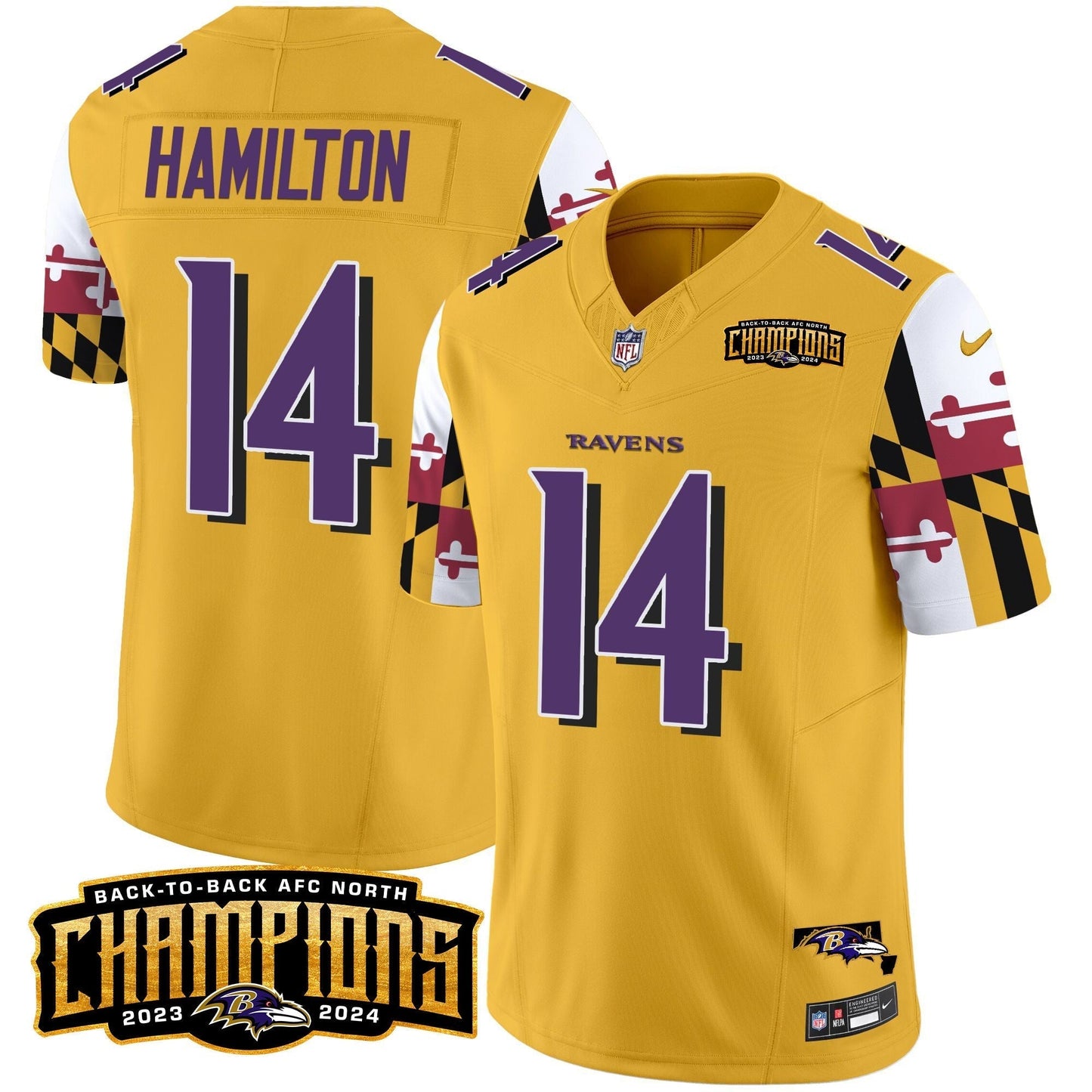 Ravens Maryland Flag Back To Back AFC North Champions Patch Vapor Limited Jersey - All Stitched