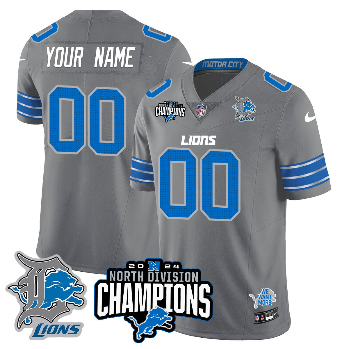 Custom Gender/Name DET 2024 NFC North Champions Gold Jersey N2 - All Stitched