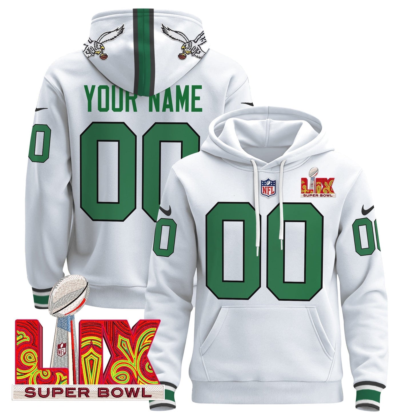 PHI Super Bowl LIX Patch Custom Pullover Hoodie - All Stitched