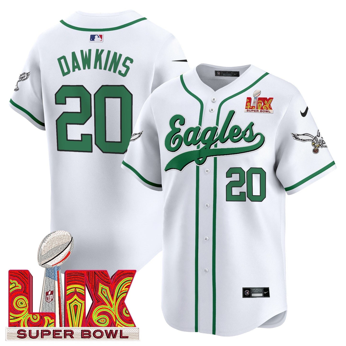 PHI Midnight Green Super Bowl LIX Vapor Baseball Jersey - All Stitched