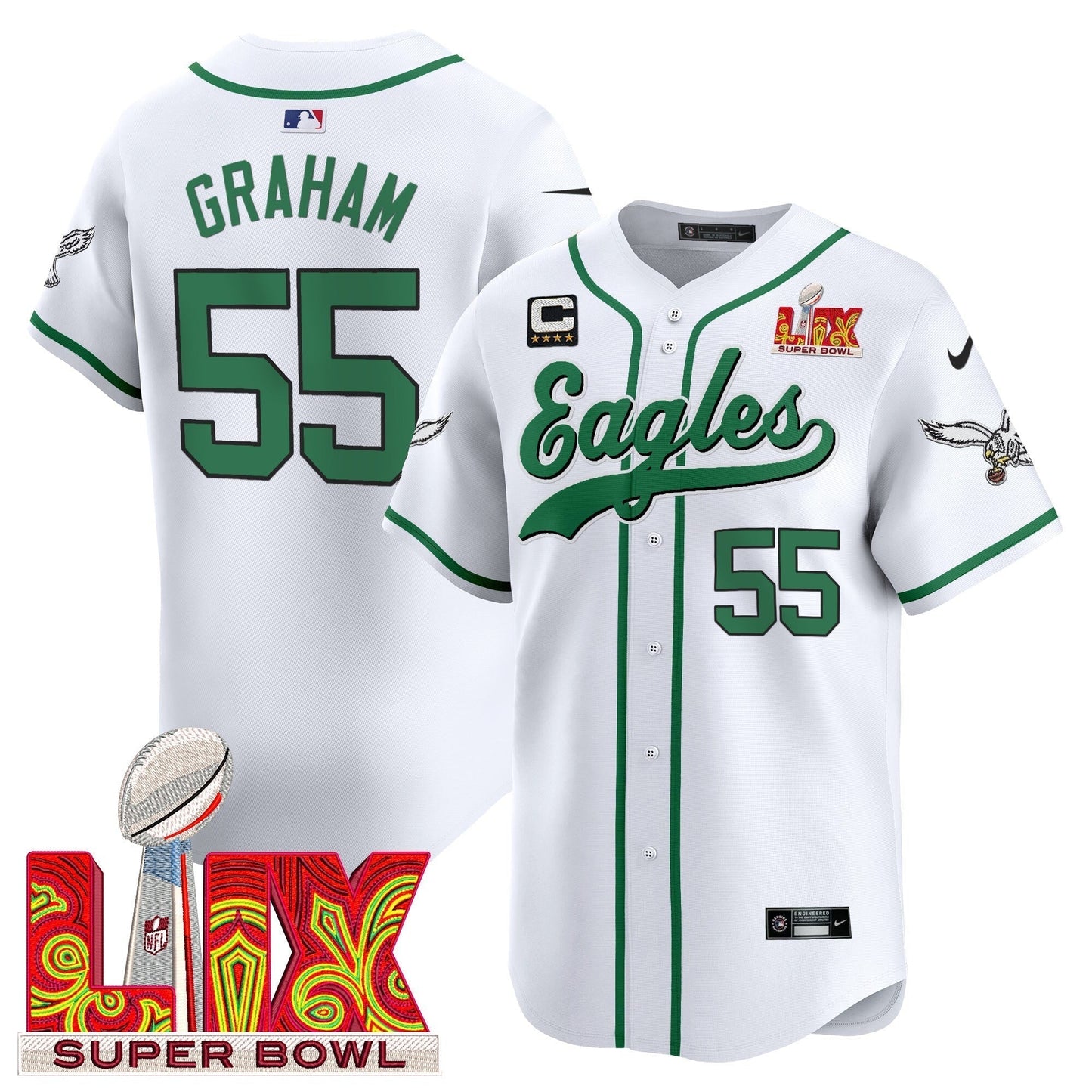 PHI Midnight Green Super Bowl LIX Vapor Baseball Jersey - All Stitched