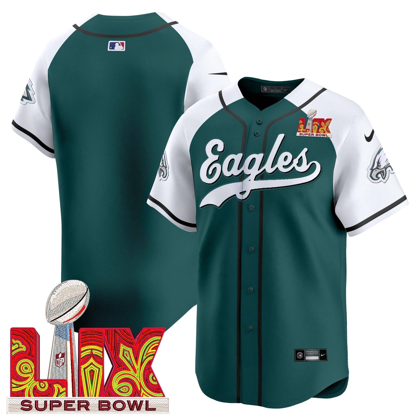 PHI Midnight Green Super Bowl LIX Vapor Baseball Jersey - All Stitched