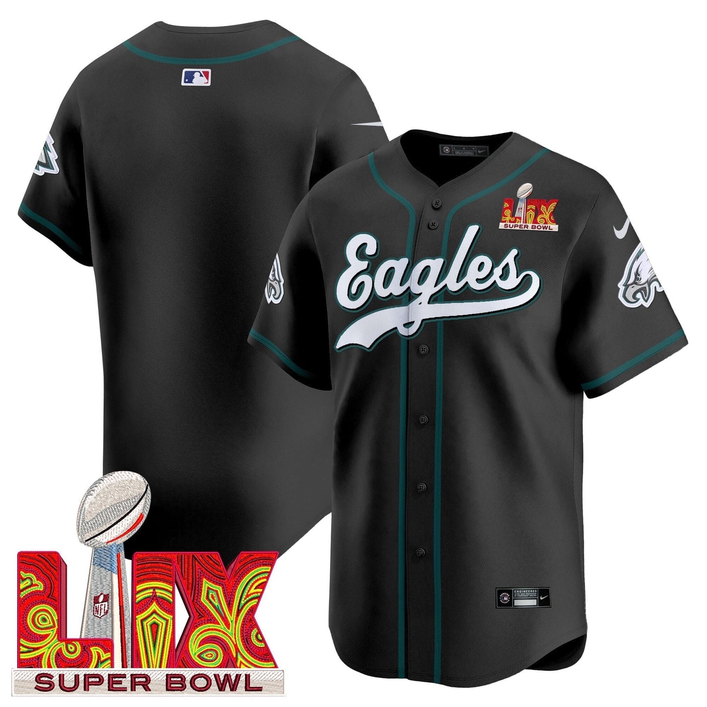 PHI Midnight Green Super Bowl LIX Vapor Baseball Jersey - All Stitched