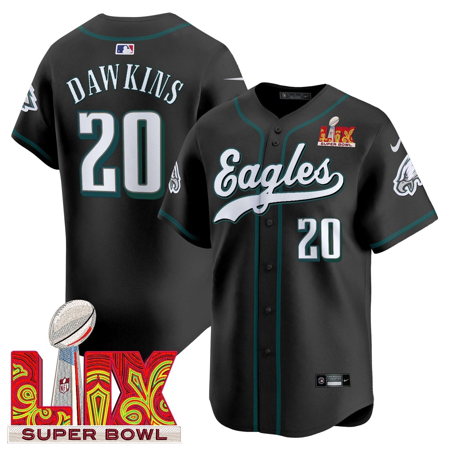 PHI Midnight Green Super Bowl LIX Vapor Baseball Jersey - All Stitched