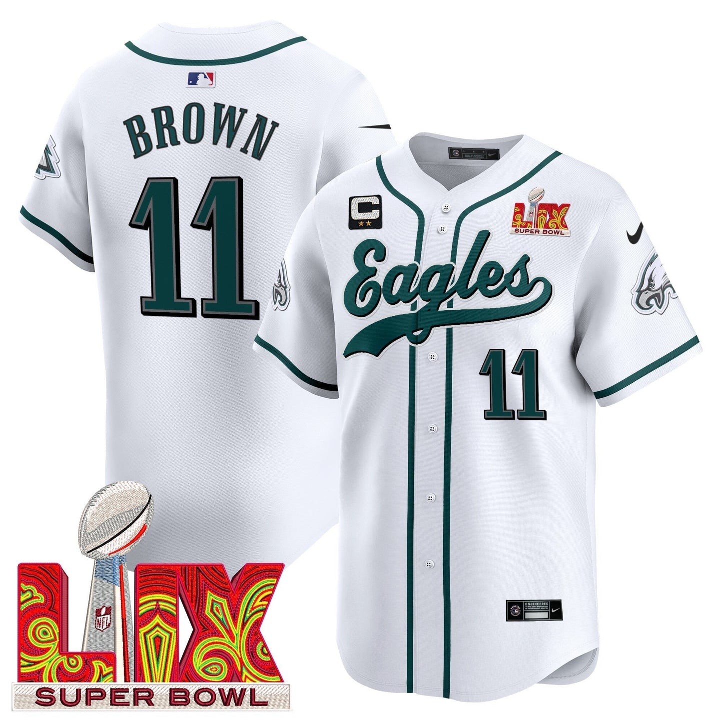 PHI Midnight Green Super Bowl LIX Vapor Baseball Jersey - All Stitched