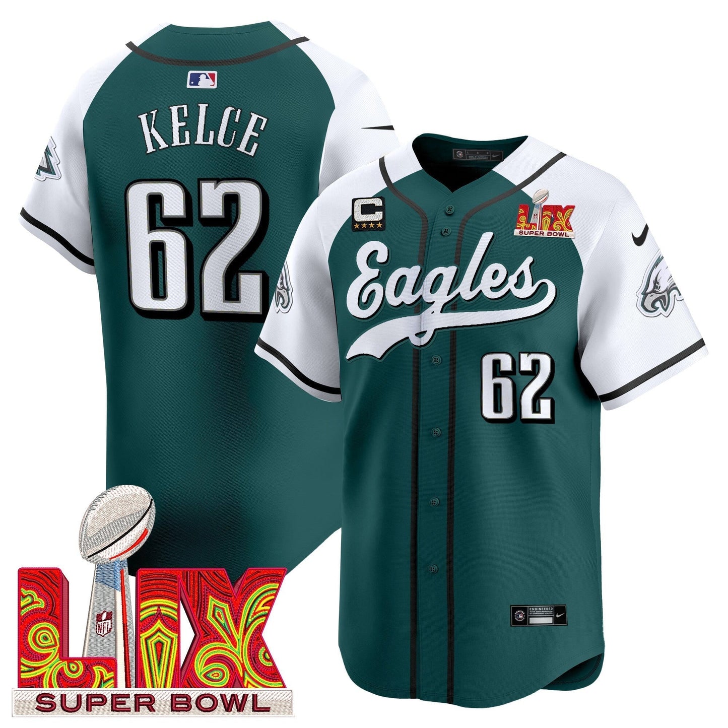 PHI Midnight Green Super Bowl LIX Vapor Baseball Jersey - All Stitched