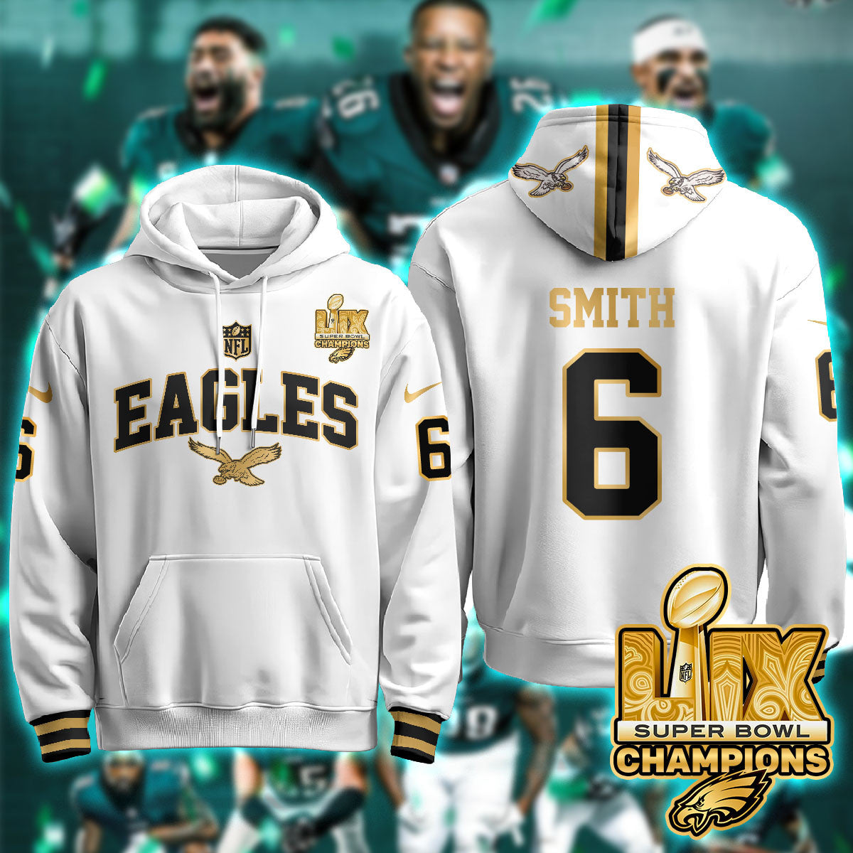 PHI Super Bowl LIX Champions Gold Hoodie N2R - All Stitched