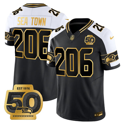 Men's Seattle Seahawks 50th Anniversary Patch Gold Vapor Limited Jersey - All Stitched
