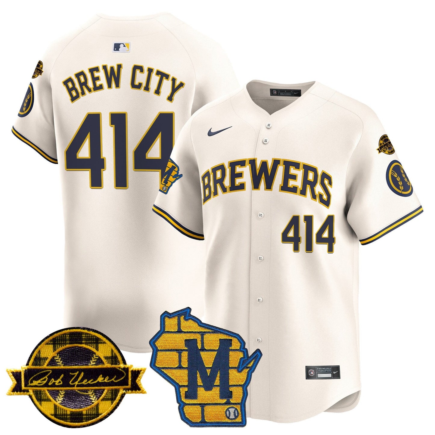 Men's Milwaukee Brewers Home & Bob Uecker Patch Vapor Premier Limited Jersey - All Stitched
