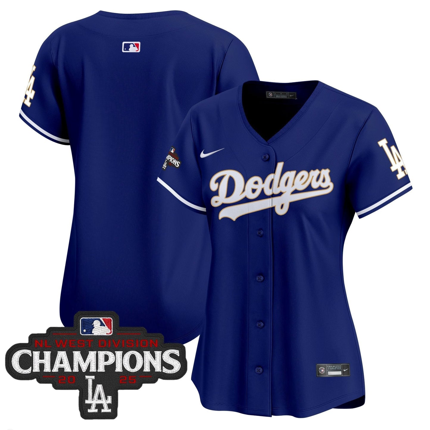Women's Dodgers 2025 NL West Division Champions Patch Gold Trim Vapor Premier Limited Jersey - All Stitched