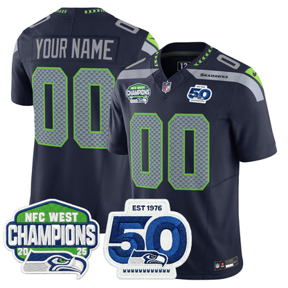 Seattle Seahawks 2025 NFC West Division Champions & 50th Anniversary Patch Vapor Limited Custom Jersey - All Stitched