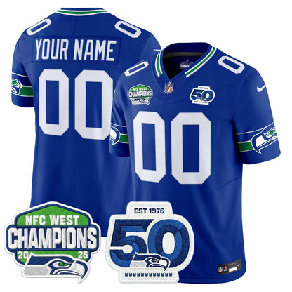 Seattle Seahawks 2025 NFC West Division Champions & 50th Anniversary Patch Vapor Limited Custom Jersey - All Stitched