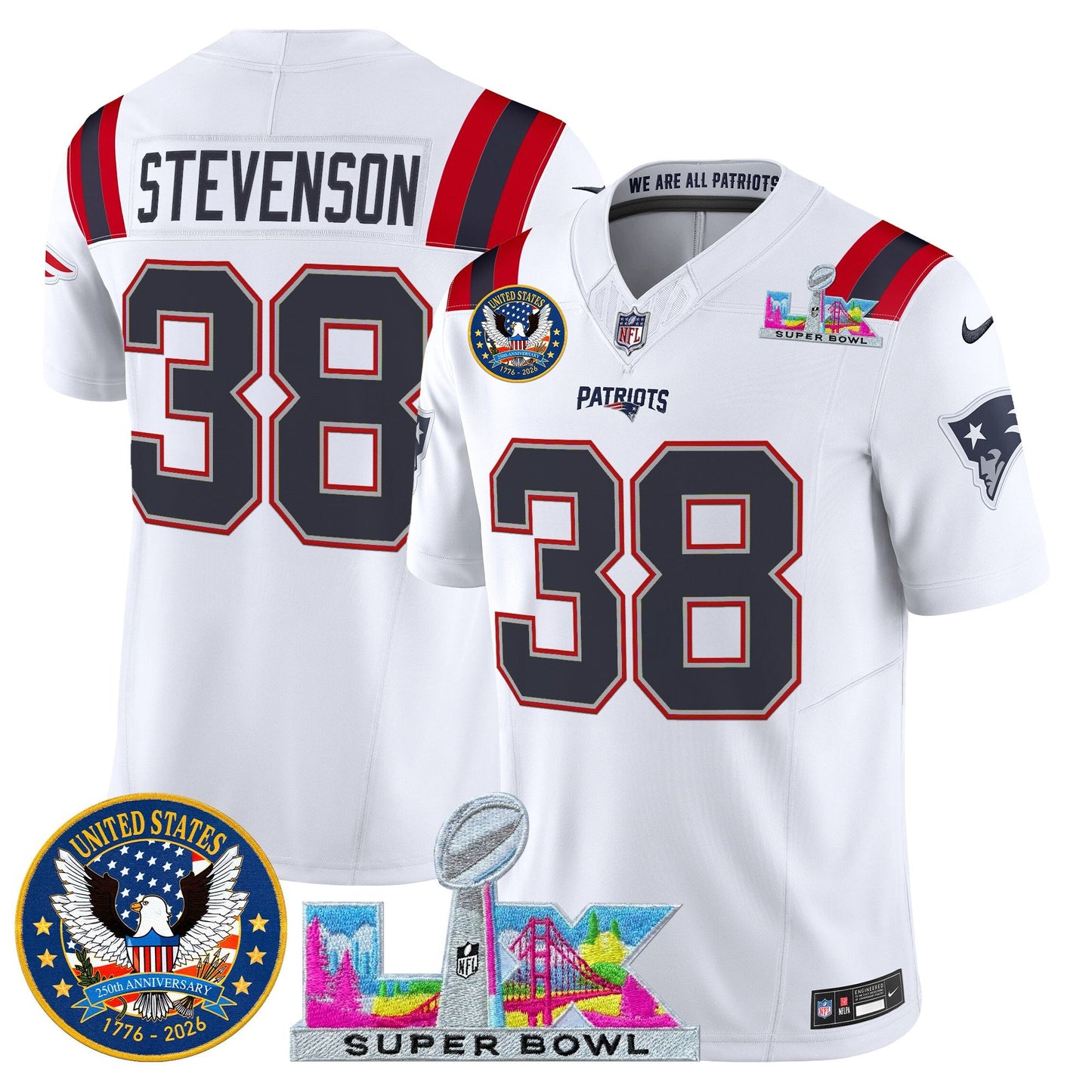 Men's New England Patriots "Super Bowl LX & United States 250th Patch" Vapor Limited Jersey - All Stitched