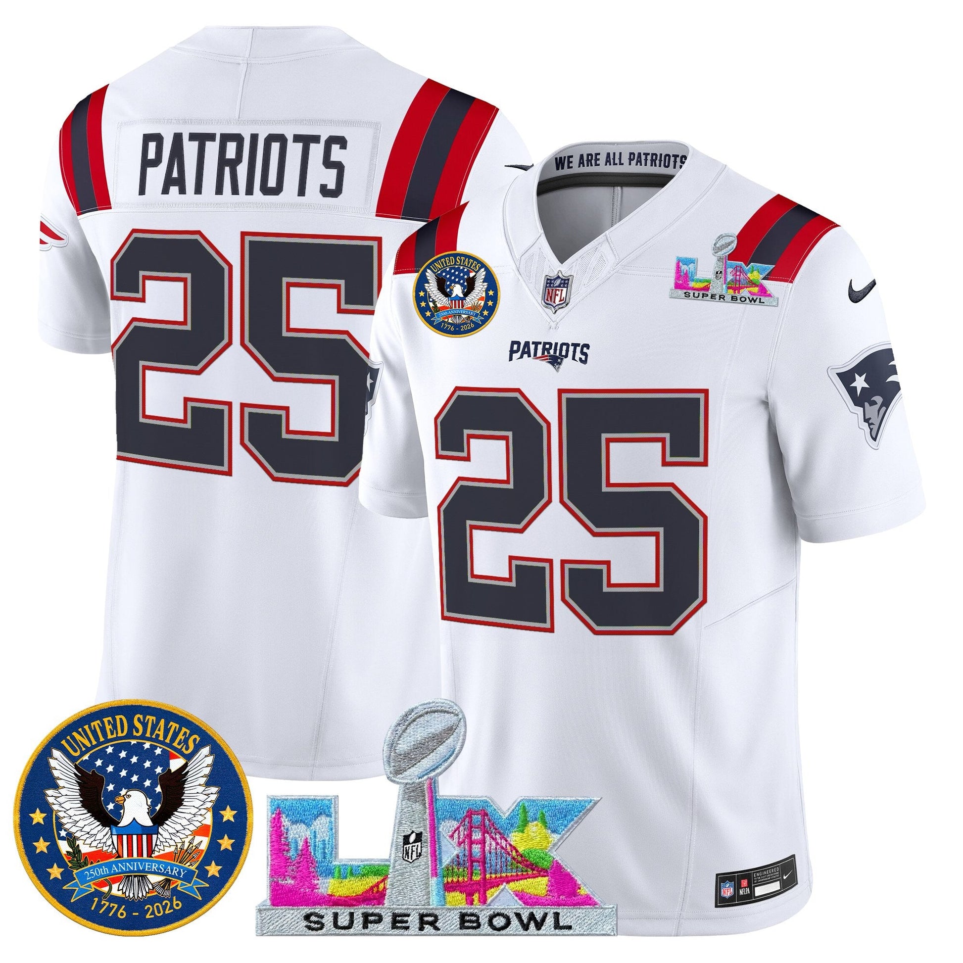 Men's New England Patriots "Super Bowl LX & United States 250th Patch" Vapor Limited Jersey - All Stitched