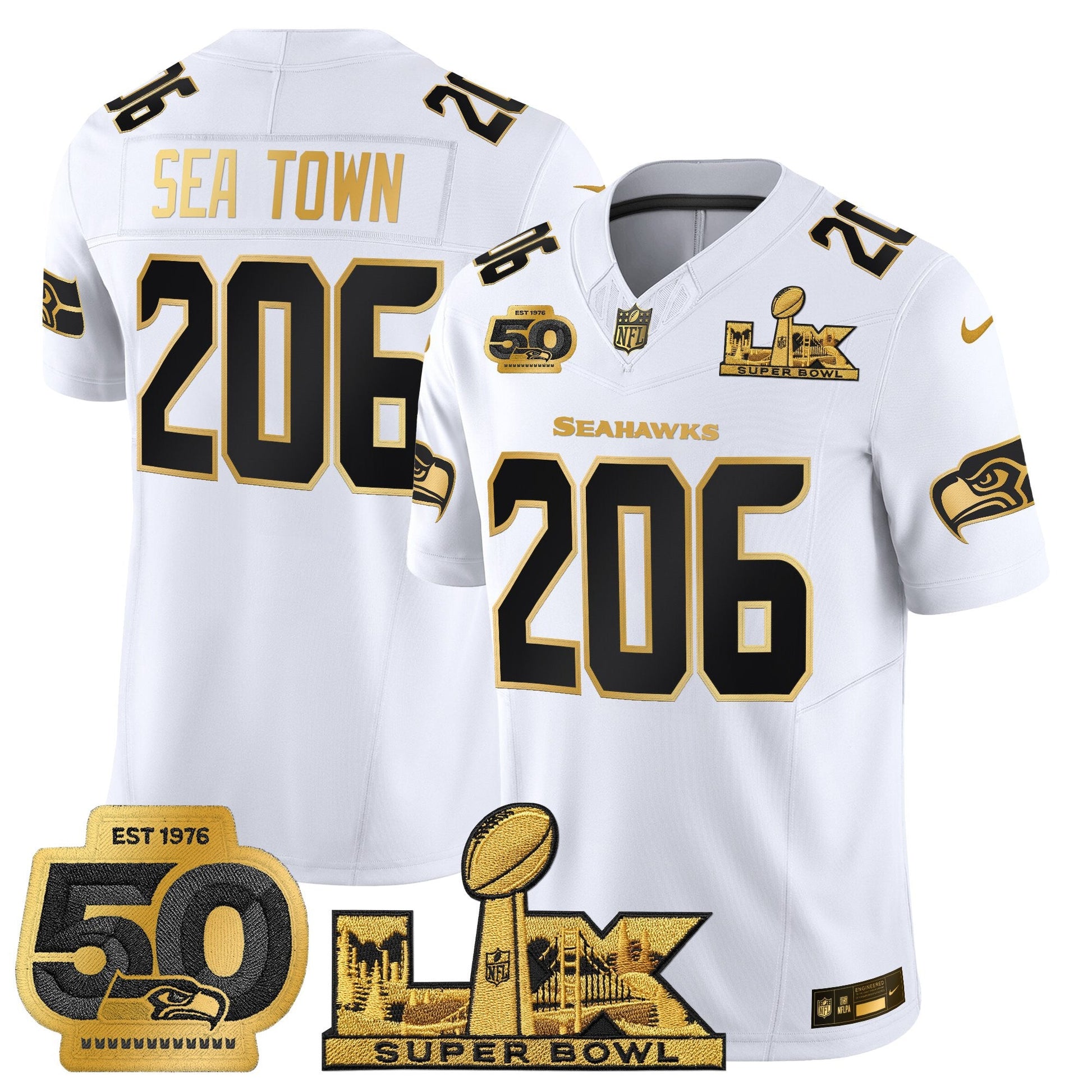 Men's Seattle Seahawks "Super Bowl LX & 50th Patch" Gold Vapor Limited Jersey - All Stitched