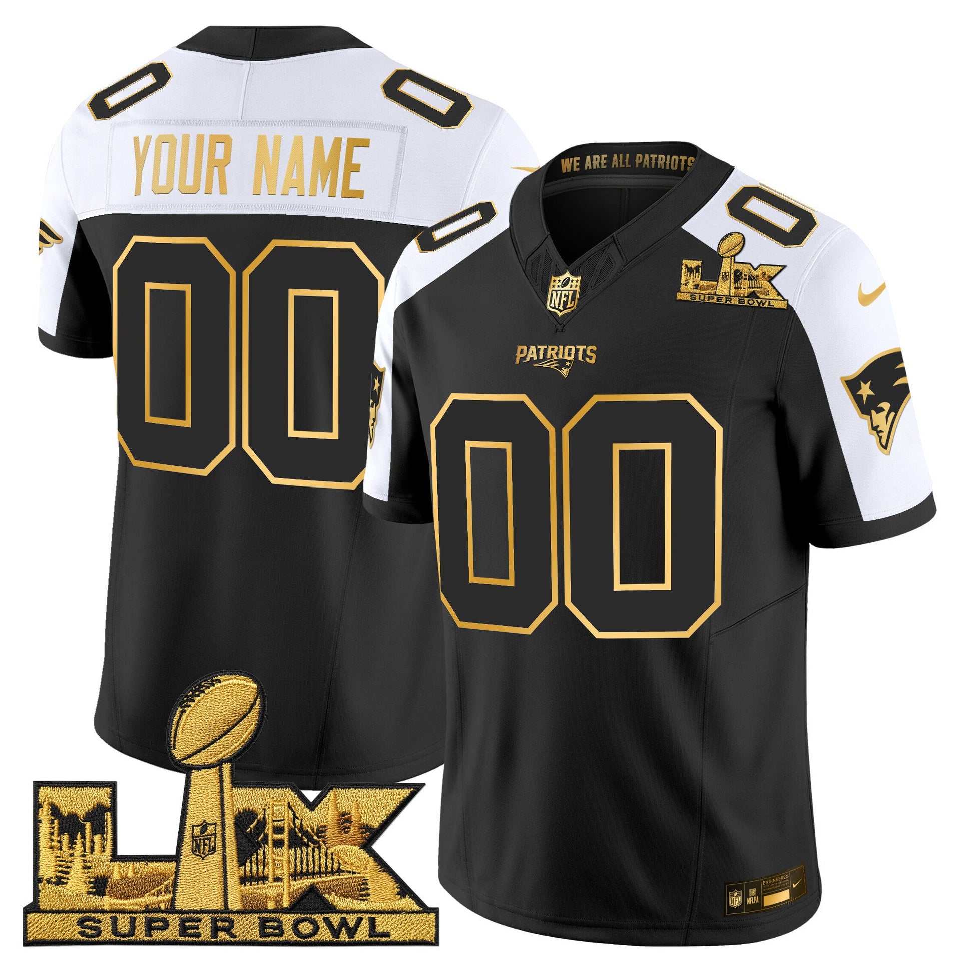 New England Patriots Super Bowl LX Gold Vapor Limited Custom Jersey - All Stitched