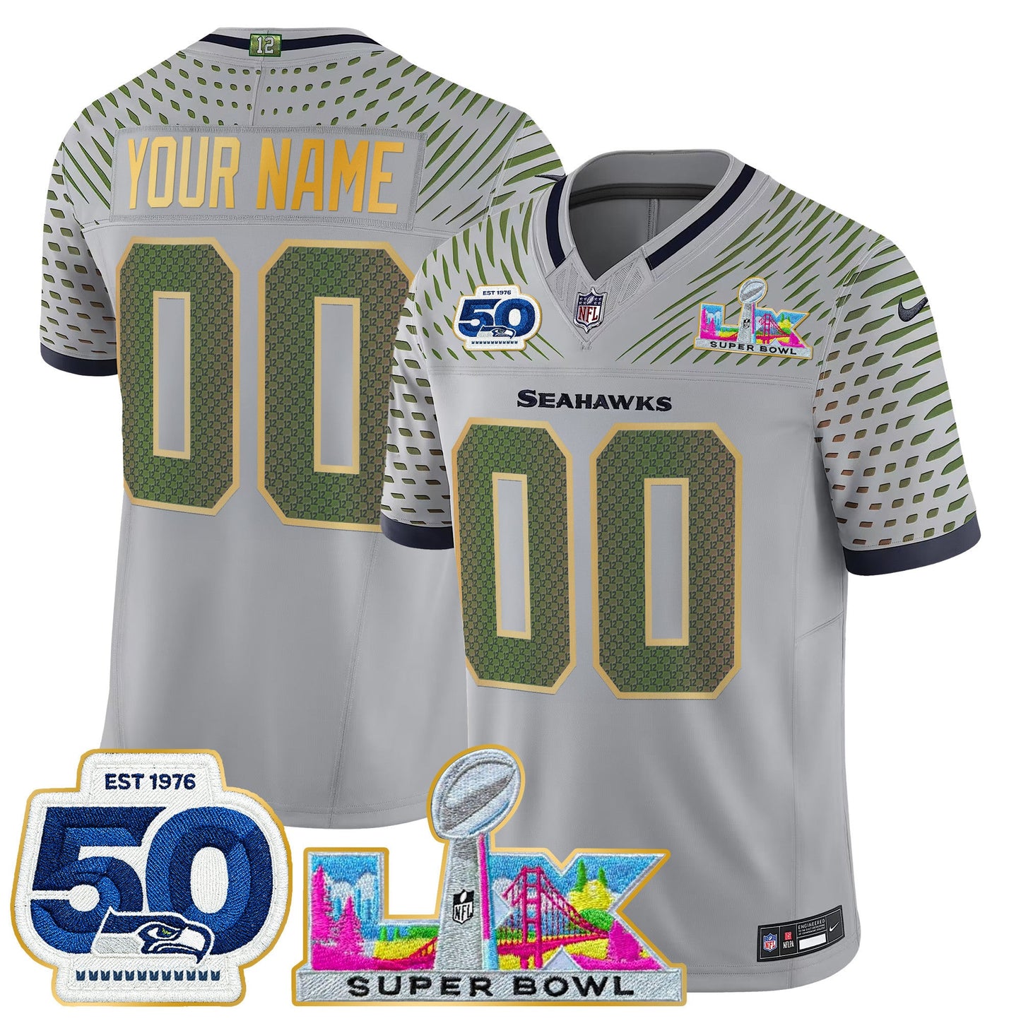 Seattle Seahawks "Super Bowl LX & 50th Patch" Gold Trim Vapor Limited Custom Jersey - All Stitched