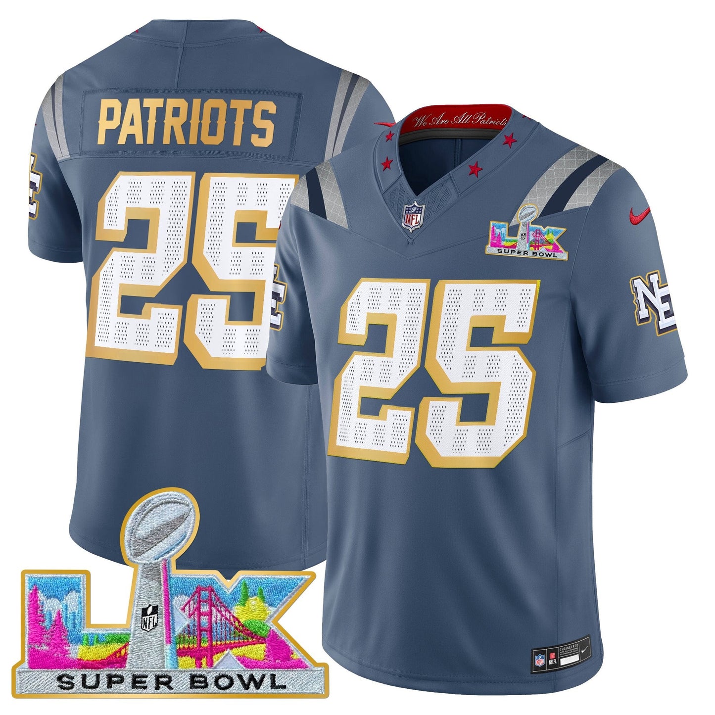 Men's New England Patriots Super Bowl LX Gold Trim Vapor Limited Jersey - All Stitched
