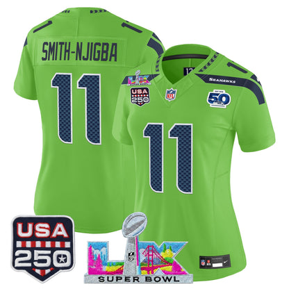 Women's Seattle Seahawks "Super Bowl LX & United States 250th Anniversary Patch" Vapor Limited Jersey - All Stitched