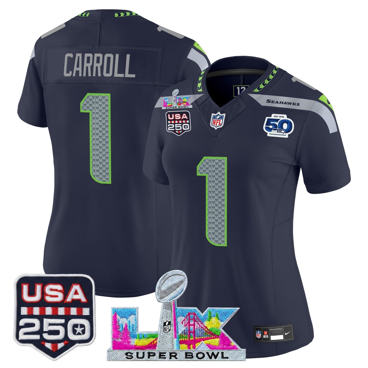 Women's Seattle Seahawks "Super Bowl LX & United States 250th Anniversary Patch" Vapor Limited Jersey - All Stitched
