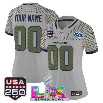 Seattle Seahawks "Super Bowl LX & United States 250th Anniversary Patch" Vapor Limited Custom Jersey - All Stitched