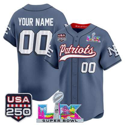 New England Patriots "Super Bowl LX & United States 250th Anniversary Patch" Vapor Baseball Custom Jersey - Stitched