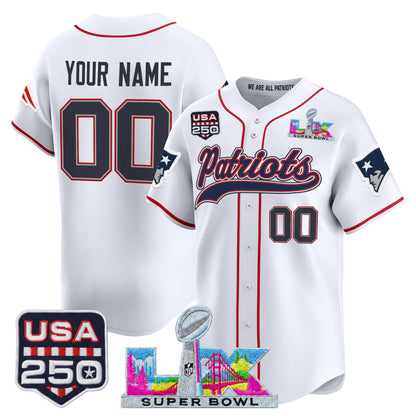 New England Patriots "Super Bowl LX & United States 250th Anniversary Patch" Vapor Baseball Custom Jersey - Stitched