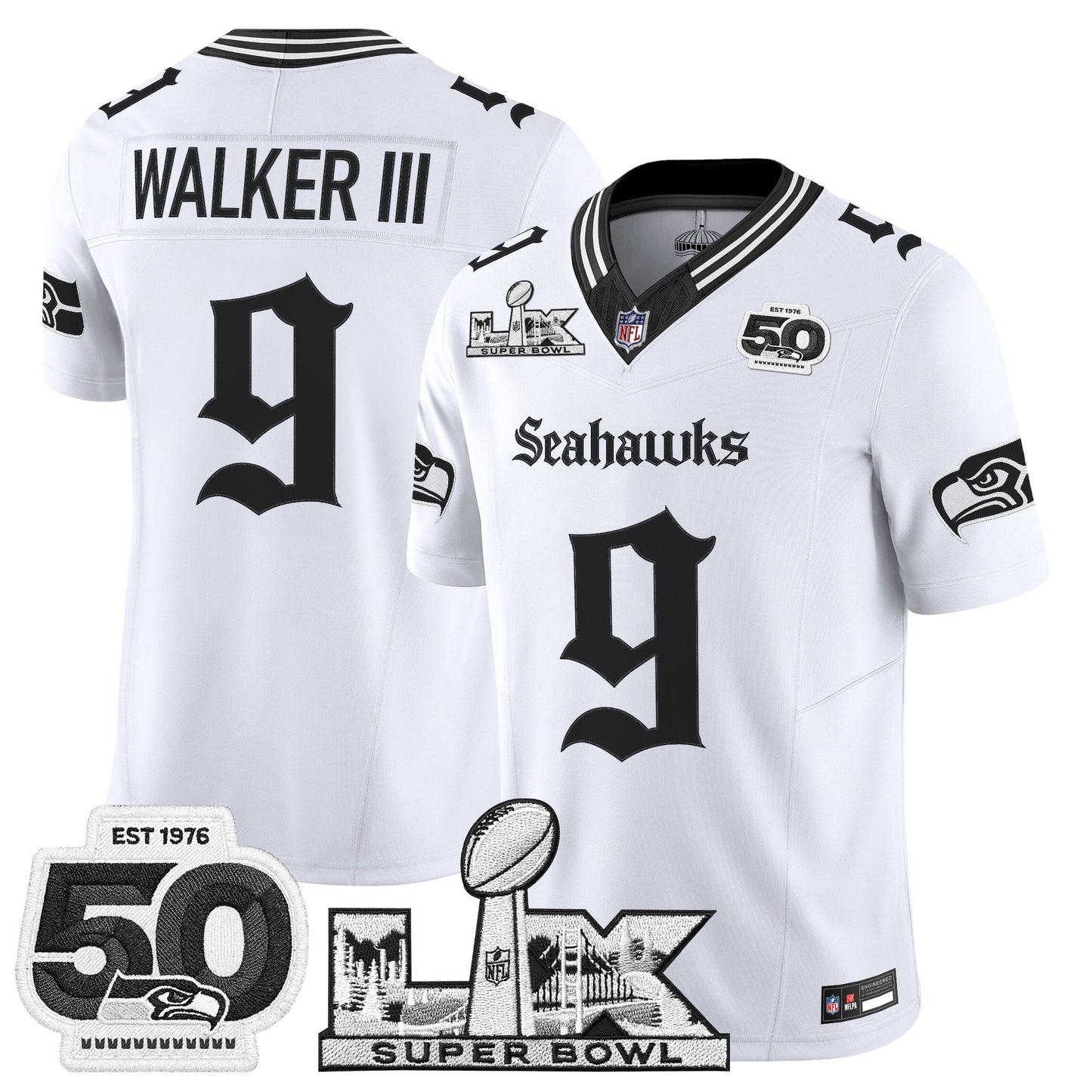 Men's Seattle Seahawks "Super Bowl LX & 50th Patch" Vapor Limited Jersey - Gothic Edition - All Stitched