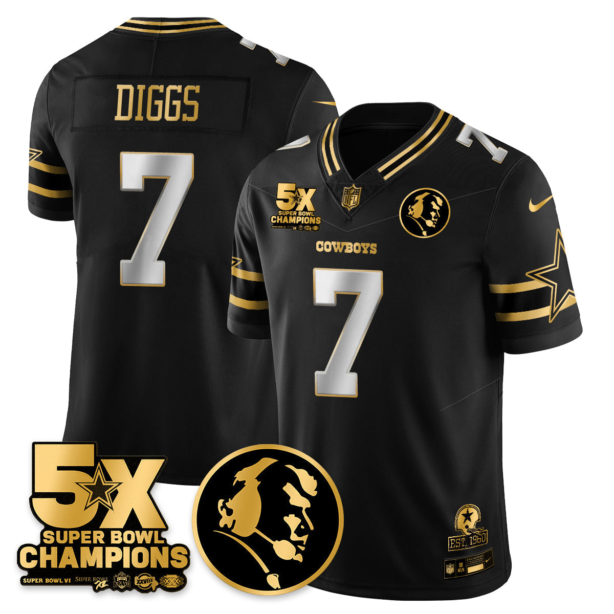 DAL 5-Time Champions Vapor Limited Gold Jersey - John Madden Patch - All Stitched