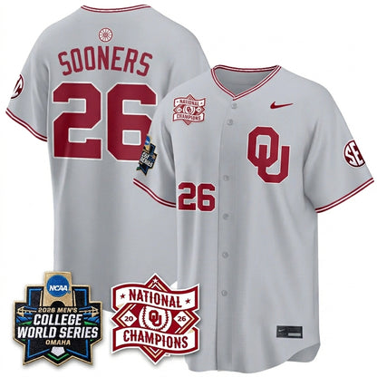 Oklahoma Sooners 2026 NCAA Baseball Men's College World Series Champions Vapor Jersey - Stitched
