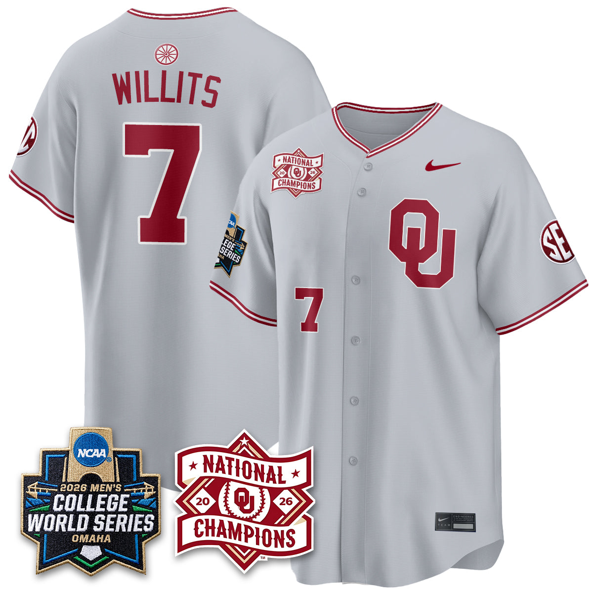 Oklahoma Sooners 2026 NCAA Baseball Men's College World Series Champions Vapor Jersey - Stitched