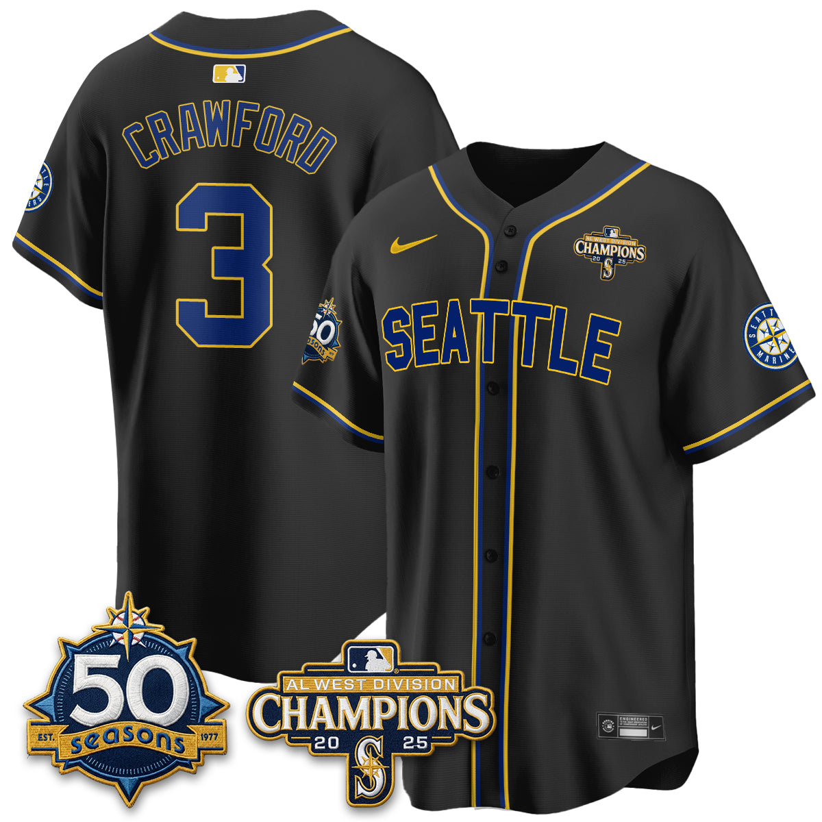 Seattle Mariners 50th Anniversary Black Out Style Vapor Premier Limited Jersey - All Stitched