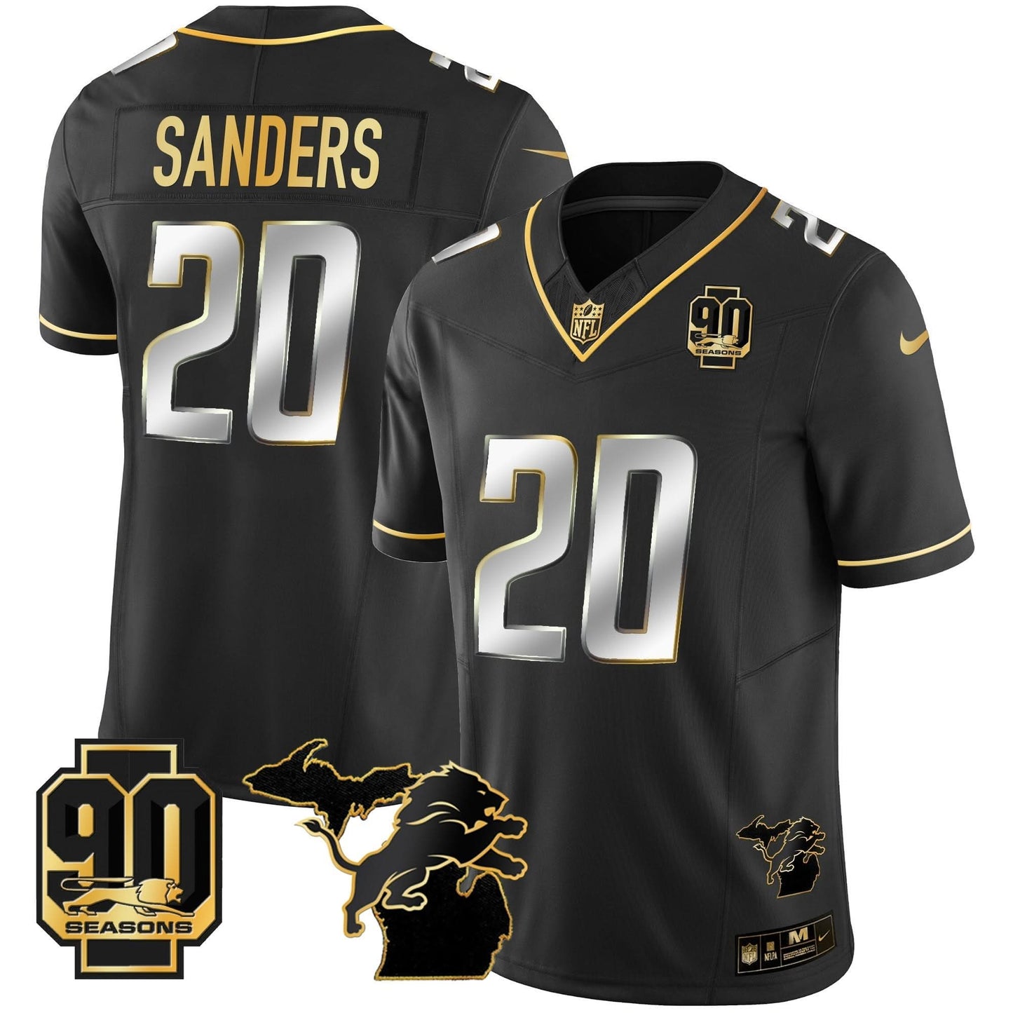 DET 90th Year & Michigan Patch Gold Vapor Jersey - All Stitched