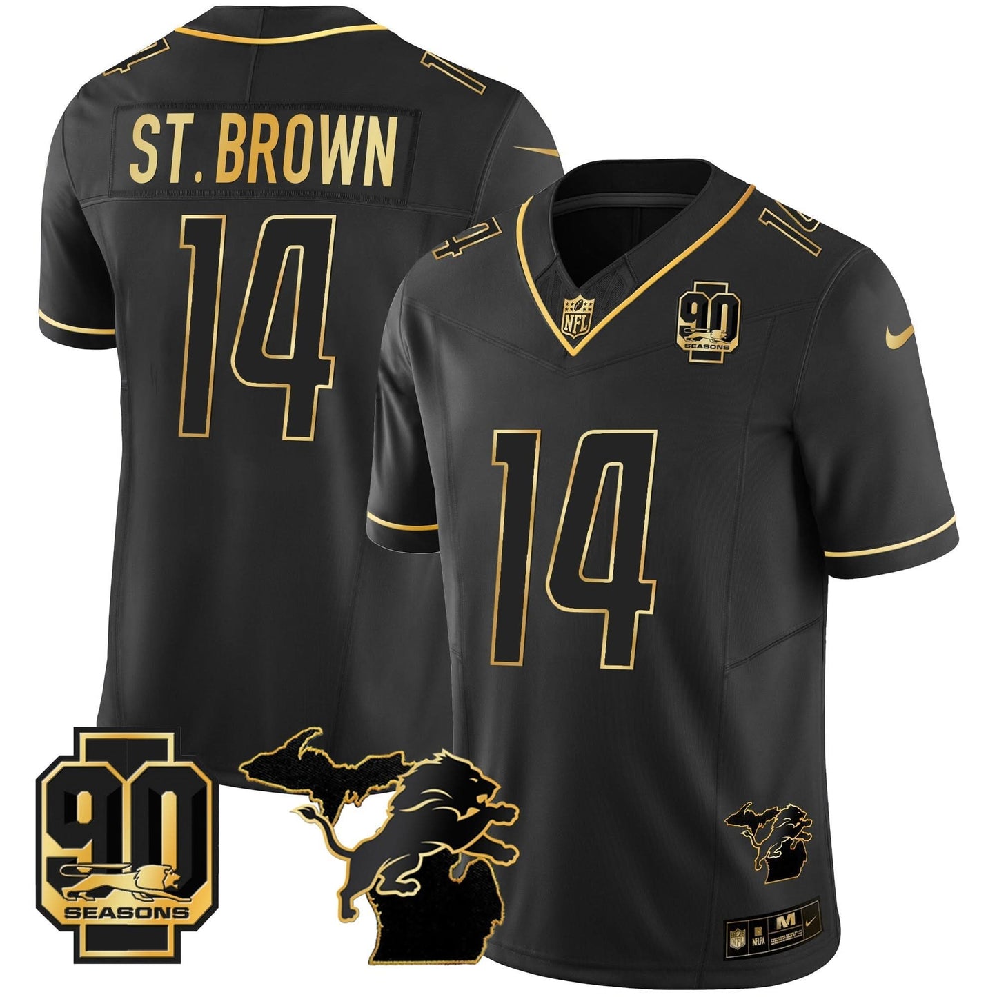 DET 90th Year & Michigan Patch Gold Vapor Jersey - All Stitched