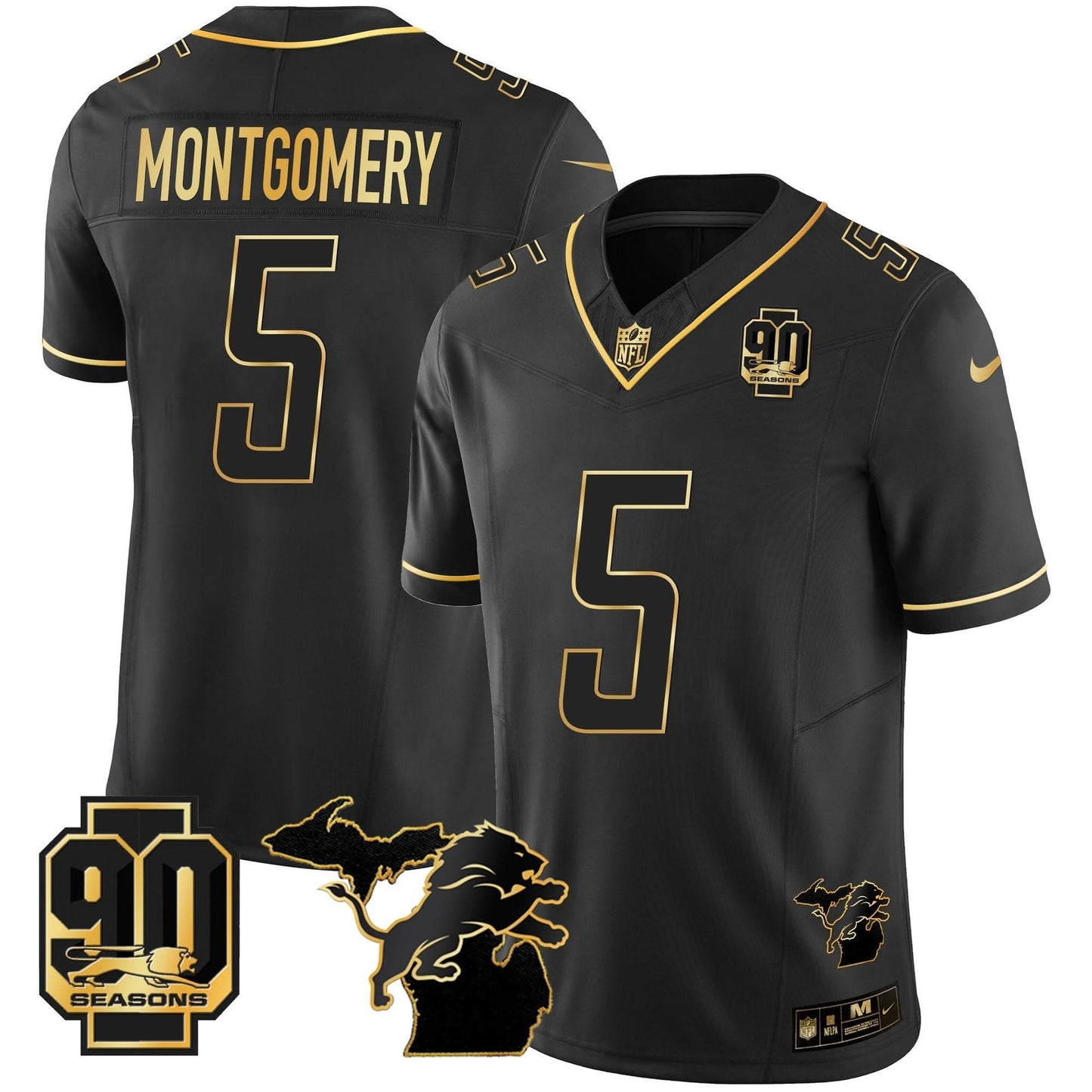 DET 90th Year & Michigan Patch Gold Vapor Jersey - All Stitched