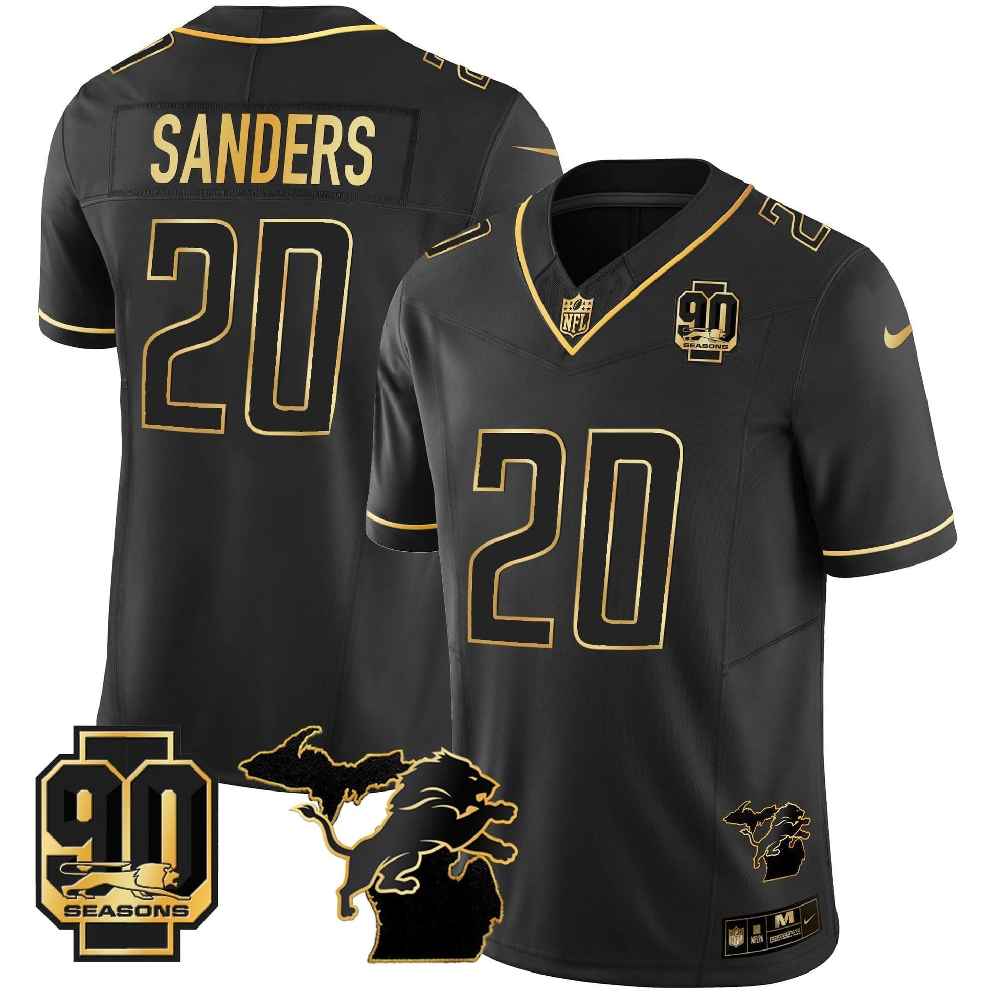 DET 90th Year & Michigan Patch Gold Vapor Jersey - All Stitched