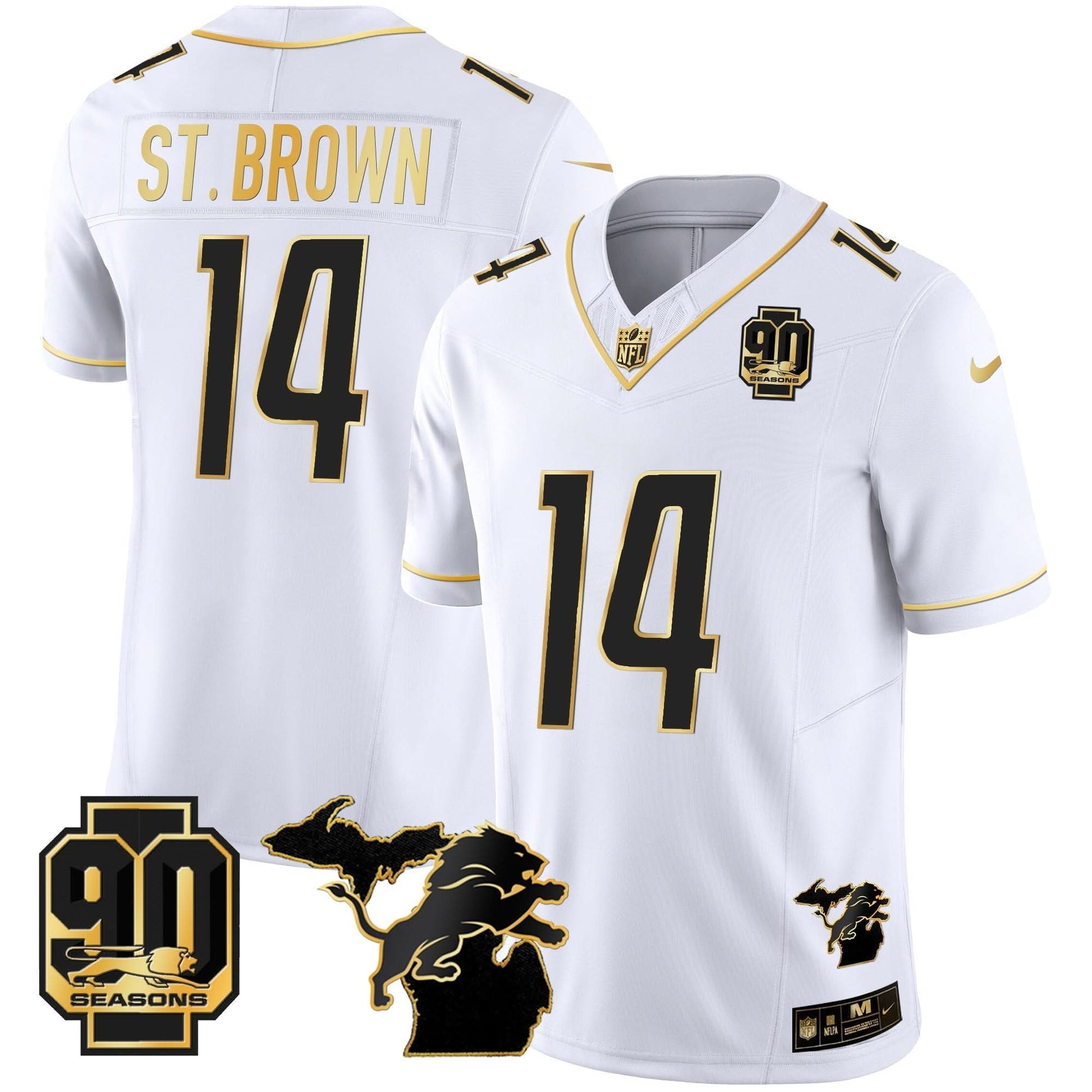 DET 90th Year & Michigan Patch Gold Vapor Jersey - All Stitched