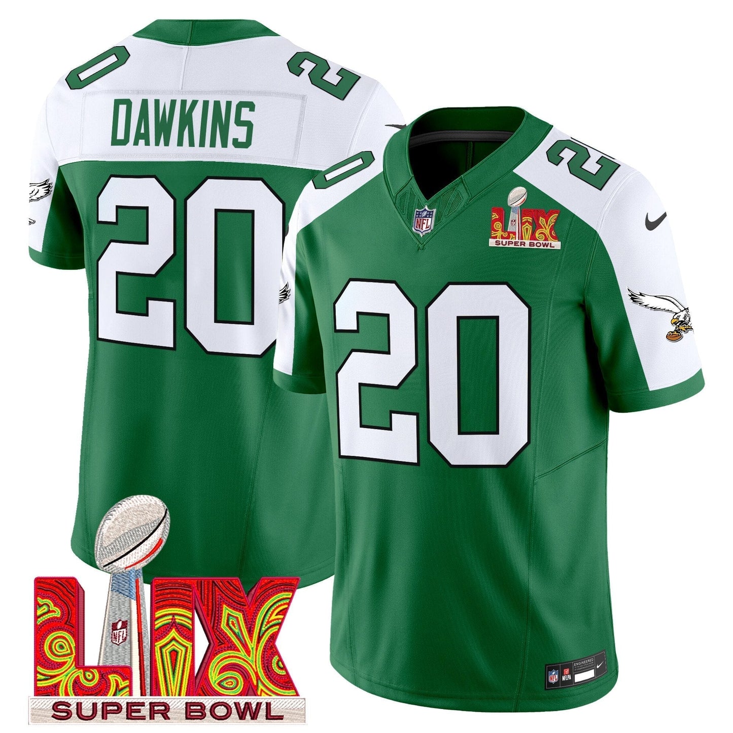PHI Kelly Green Super Bowl LIX Patch Vapor Limited Jersey - All Stitched